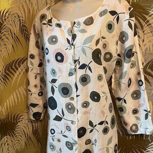 Hot Cotton Marc Ware Ivory floral Lagenlook linen Tunic Top ~ Sz Med - Lge